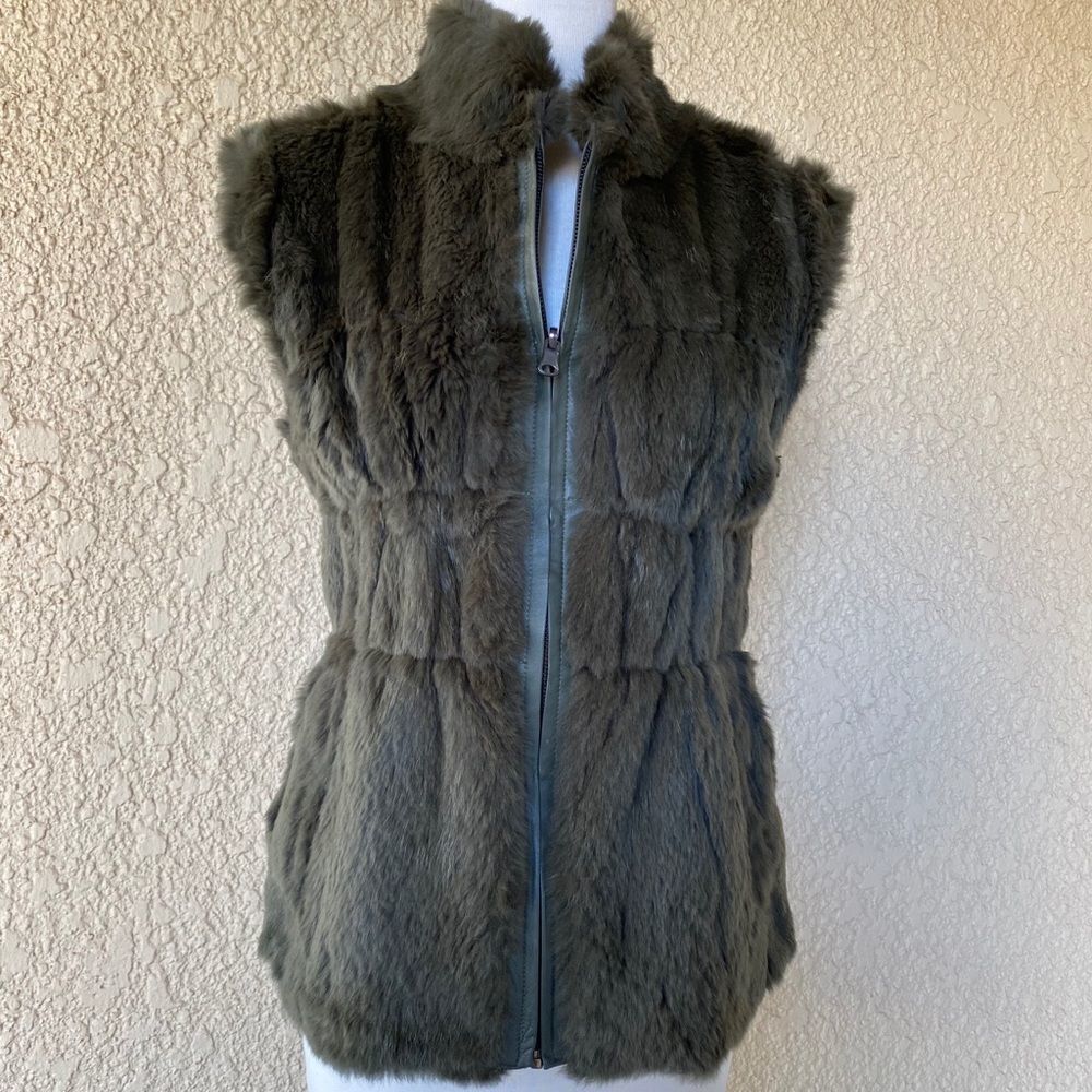 Love Token Reversible Rabbit Fur‎ Vest Olive Green